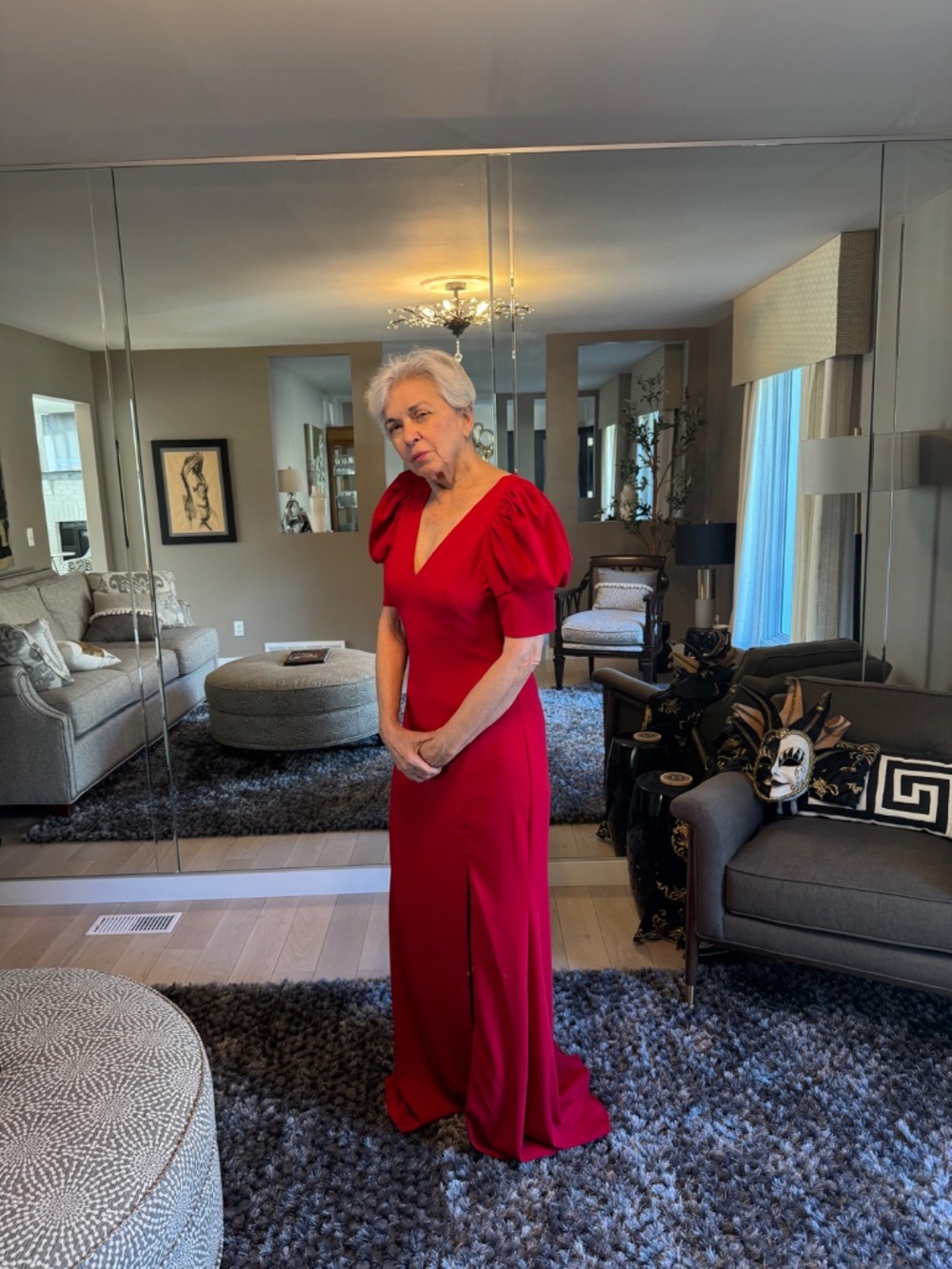 Badgley Mischka Red Evening Gown Puff Sleeves V-Neck Slit
